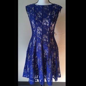 Blue and tan lace skater dress